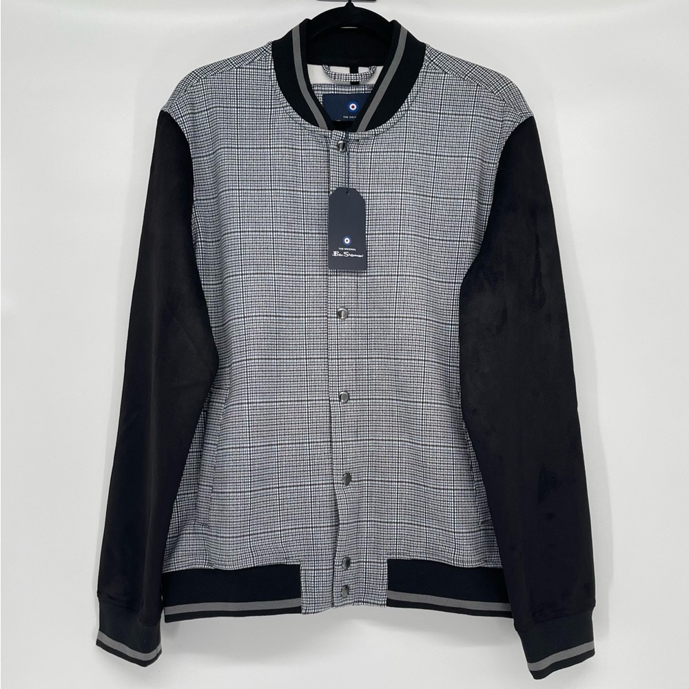 Ben Sherman Bomber Jacket Men Med Houndstooth Snap Front Black Faux Suede Sleeve